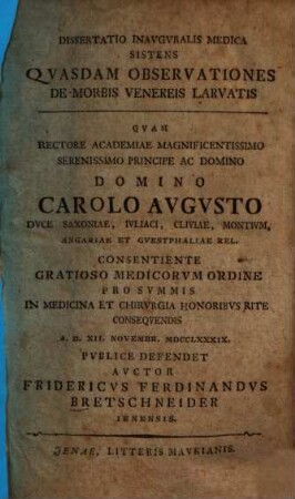 Dissertatio Inauguralis Medica Sistens Quasdam Observationes De Morbis Venereis Larvatis