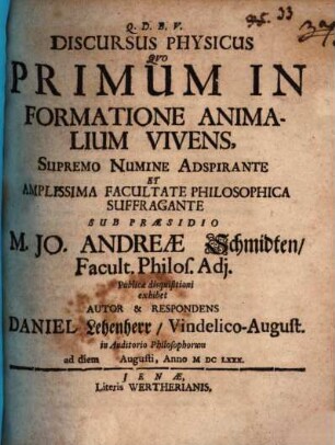 Discursus phys. quo primum in formatione animalium vivens ... exhibet