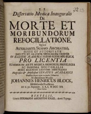 Dissertatio Medica Inauguralis De Morte Et Moribundorum Refocillatione