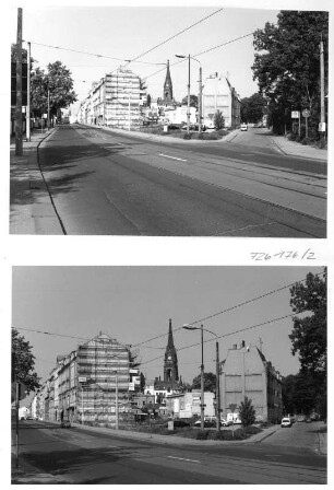 Dresden-Äußere Neustadt. Bautzner Straße/Einmündung Prießnitzstraße. Blick nach Westen über Baustandort "Hundertwasser-Wohnkomplex" gegen Turm der Martin-Luther-Kirche