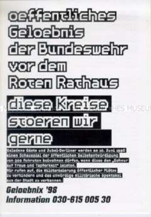 Propagandaschrift von Kriegsdienstgegnern gegen das öffentliche Gelöbnis einer Bundeswehreinheit in Berlin