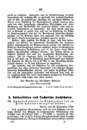 Immatrikulation in Abwesenheit der im Felde stehenden Kriegsteilnehmer : [B. Universitäten und Technische Hochschulen]