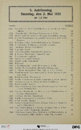 5. Auktionstag, Samstag, den 2. Mai 1931 ab ½3 Uhr (Nr. 1351-1700)