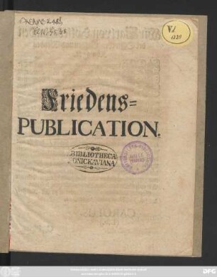 Friedens-Publication. : [... zu Alt-Ranstat, den (16.) 26 Novembris 1706 ... ]