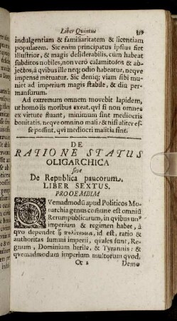 De Ratione Status Oligarchica [...] Liber Sextus.
