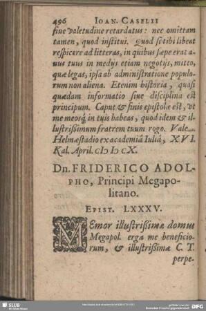 Dn. Friderico Adolpho, Principi Megapolitano. Epist. LXXXV.
