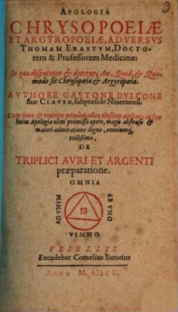 Apologia Crysopoeiae et Argyropoeiae adversus Thomam Erastum