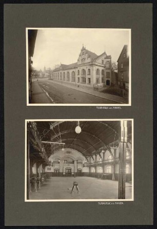 Blatt 7 mit zwei Silbergelatinepapierabzügen (Plauen, Turnhalle am Anger) : Flügelmappe mit Pergamenteinband und farbigem, montiertem Wappen der Stadt Plauen, bezeichnet goldgeprägt Mitte: Ihrem hochverdienten Stadtbaurat / Die Stadt Plauen / 1895-1909; im Inneren Vorsatz und Laschen mit hellgrüner Seide überzogen; auf dem Deckel vorn innen auf der Innenkante bezeichnet goldgeprägt unten Mitte: R. OESTERREICH J., K. HOFBUCHBINDER, DRESDEN; auf 22 losen, schwarzen Kartons 42 montierte Silbergelatinepapierabzüge sowie ein loser Silbergelatinepapierabzug; Untersatzkartons: je 47,8 x 32 cm, Mappe: 49,7 x 34 x 3,5 cm, Original-Pappbox: 52 x 37 x 4,5 cm (um 1909). Dresden: SLUB/DF 2022.E.5