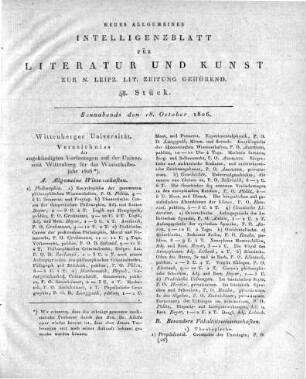 Wittenberger Universität. Verzeichniss der angekündigten Vorlesungen auf der Universität Wittenberg für das Winterhalbjahr 1806.