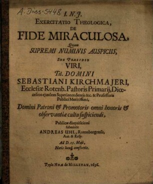 Exercitatio Theologica, De Fide Miraculosa