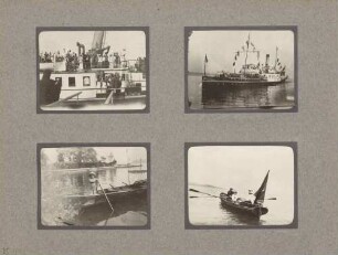links oben: Schiff an der Anlegestelle der Insel Mainau rechts oben: Schiff vor der Anlegestelle der Insel Mainau links unten: Bootsfahrt voe der Insel Mainau rechts unten: Bootsfahrt auf dem Bodensee