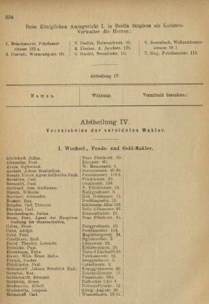 Abtheilung IV. Verzeichnis der vereideten Makler