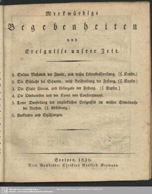 Merkwürdige Begebenheiten und Ereignisse unserer Zeit, 1830