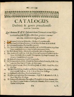 Catalogus Doctrina & genere praecellentissimorum Virorum.