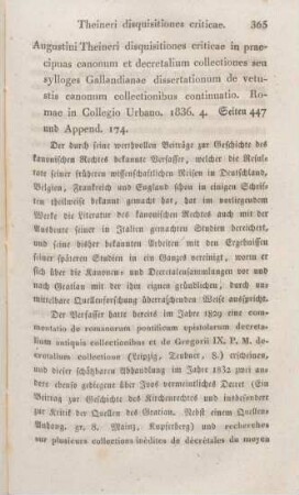 365-386 [Rezension] Theiner, Augustin, Augustini Theineri disquisitiones criticae in praecipuas canonum et decretalium collectiones seu Sylloges Gallandianae