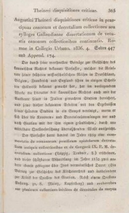 365-386 [Rezension] Theiner, Augustin, Augustini Theineri disquisitiones criticae in praecipuas canonum et decretalium collectiones seu Sylloges Gallandianae