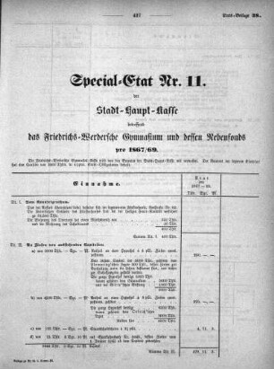 1867,38: Special-Etat Nr. 11 der Stadt-Haupt-Kasse betreffend das Friedrichs-Werdersche Gymnasium und dessen Nebenfonds pro 1867/69