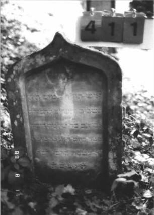 Grabstein 411 (Index: 99800304) Material: Sandstein Zustand: stark verwittert, abblätternd Maße HxBxT: 75x48x13 cm Beschreibung: Stele, Kielbogenabschluß, Schriftfeld eingetieft: Grabstein 411