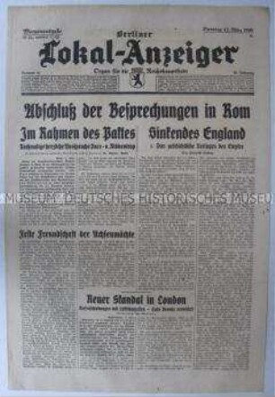 Tageszeitung "Berliner Lokal-Anzeiger" u.a. über den Italienbesuch des Reichsaußenministers Ribbentrop und die Freundschaft beider Achsenmächte