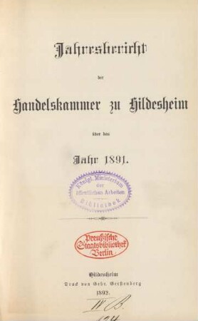 1891: Jahresbericht der Handelskammer zu Hildesheim