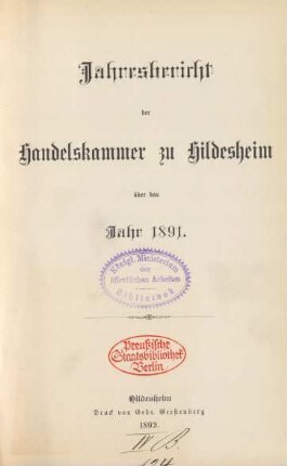 1891: Jahresbericht der Handelskammer zu Hildesheim