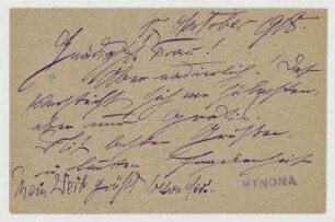 Postkarte von Salomo Friedlaender (Mynona) an Elfriede Hausmann. Berlin