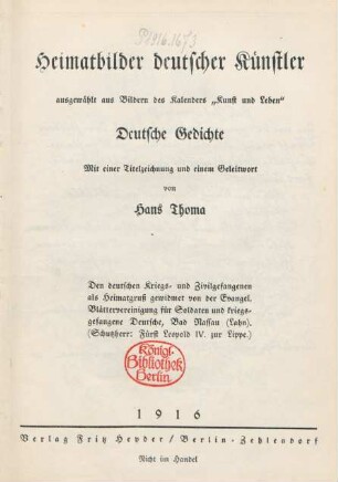 Heimatbilder deutscher Künstler : ausgewählt aus Bildern des Kalenders "Kunst und Leben" ; deutsche Gedichte