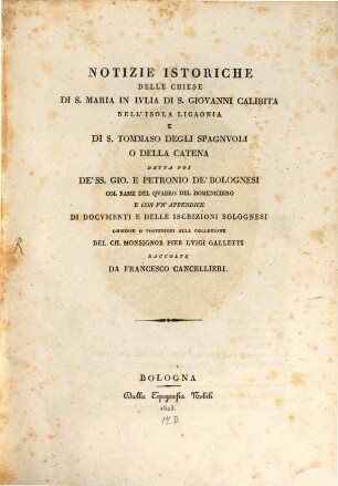 Notizie istoriche delle chiese di S. Maria in Julia di S. Giovanni Calabita nell'Isola Licaonia