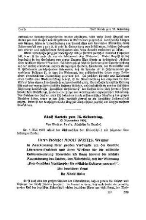 Adolf Bartels zum 75. Geburtstag : 15. November 1937