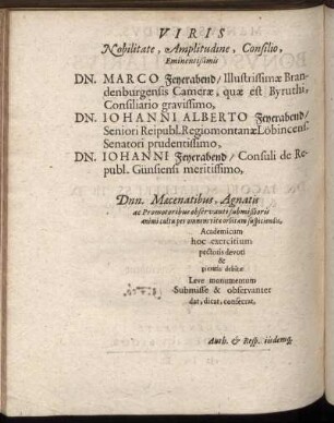 Viris Nobilitate, Amplitudine, Consilio, Eminentißimis Dn. Marco Feyerabend [...] Dn. Johanni Alberto Feyerabend [...] Dn. Johanni Feyerabend [...]