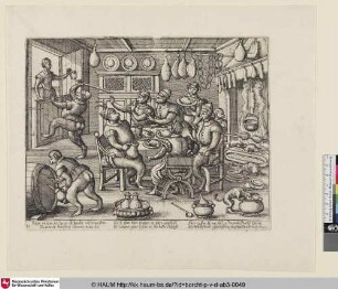 [Wohlhabende Affen an einem Tisch sitzend und Fleisch essend; The fat kitchen]