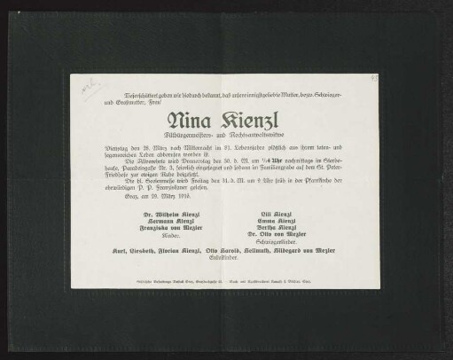 Brief von Hermann Kienzl, Wilhelm Kienzl, Franziska von Mezler, Lili Kienzl, Emma Kienzl, Bertha Kienzl und Mezler Otto von an Gerhart Hauptmann