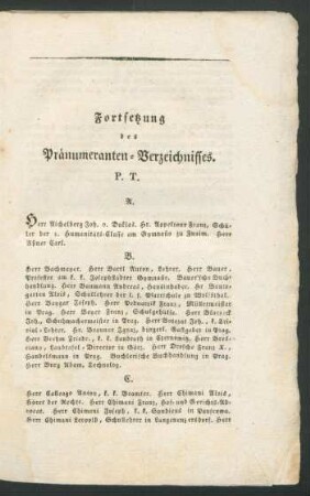 Fortsetzung des Praenumeranten-Verzeichnisses. P. T.