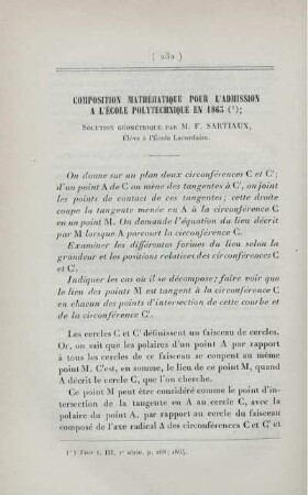 Composition mathématique pour l'admission a l'École Polytechnique en 1863.