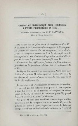 Composition mathématique pour l'admission a l'École Polytechnique en 1863.