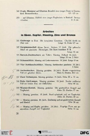 Arbeiten in Eisen, Kupfer, Messing, Zinn und Bronze (Nr. 351-444)