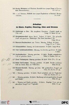 Arbeiten in Eisen, Kupfer, Messing, Zinn und Bronze (Nr. 351-444)