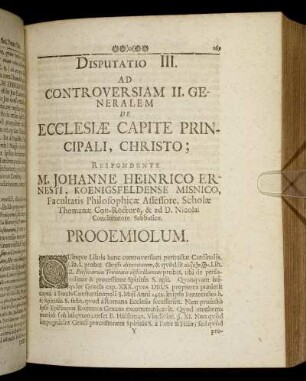 Disputatio III. Ad Controversiam II. Generalem De Ecclesiae Capite Principali, Christo