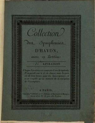 Partition Des Symphonies D'HAYDN Ouvrage Proposé Souscription, 15. [H 1,48]. - 30 S.