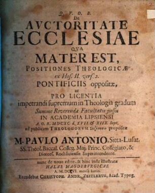 De Autoritate Ecclesiae Qua Mater Est : Positiones Theologicae ex Hos. II. vers. 2. Pontificiis oppositae