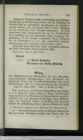 Gesetz, eine Beschränkung der Wirksamkeit der von Ehegatten vorgenommenen Veräußerungen, das Verfahren auf Einsprüche Dritter bei der Hülfsvollstreckung und einige Bestimmungen über die Zwangsversteigerung betreffend, vom 30. Juni 1868