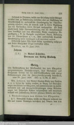 Gesetz, eine Beschränkung der Wirksamkeit der von Ehegatten vorgenommenen Veräußerungen, das Verfahren auf Einsprüche Dritter bei der Hülfsvollstreckung und einige Bestimmungen über die Zwangsversteigerung betreffend, vom 30. Juni 1868