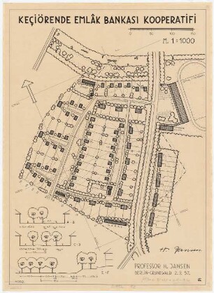 Gesamtbebauungsplan Ankara Siedlung Keciörende Emlak Bankasi Kooperatifi: Grund- und Lageplan 1:1000, Straßenprofile 1:200