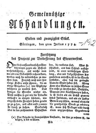 27tes Stück. Sonnabend, den 9ten Julius 1774.