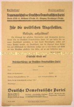 Patriotisch-programmatischer Beitrittsaufruf der Deutschen Demokratischen Partei an die weiblichen Angestellten