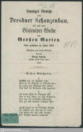 Launiges Gedicht vom Dresdner Schanzenbau, wie auch vom Blasewitzer Walde und Grossen Garten