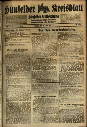 Erste Ausgabe vom Samstag, den 20. Juni 1931.