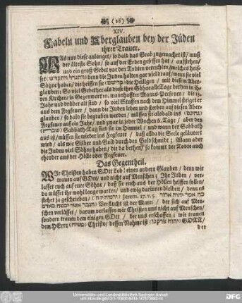 XIV. Fabeln und Aberglauben bey der Jüden ihrer Trauer.