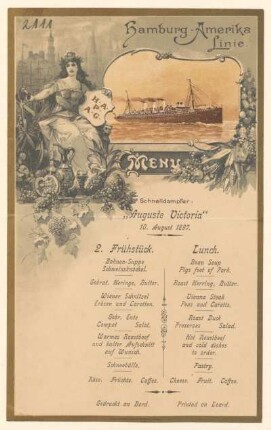 Menükarte : Menü, Schnelldampfer "Auguste Vicrtoria"