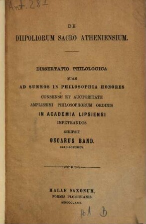 De Diipoliorum Sacro Atheniensium : Diss. philol.